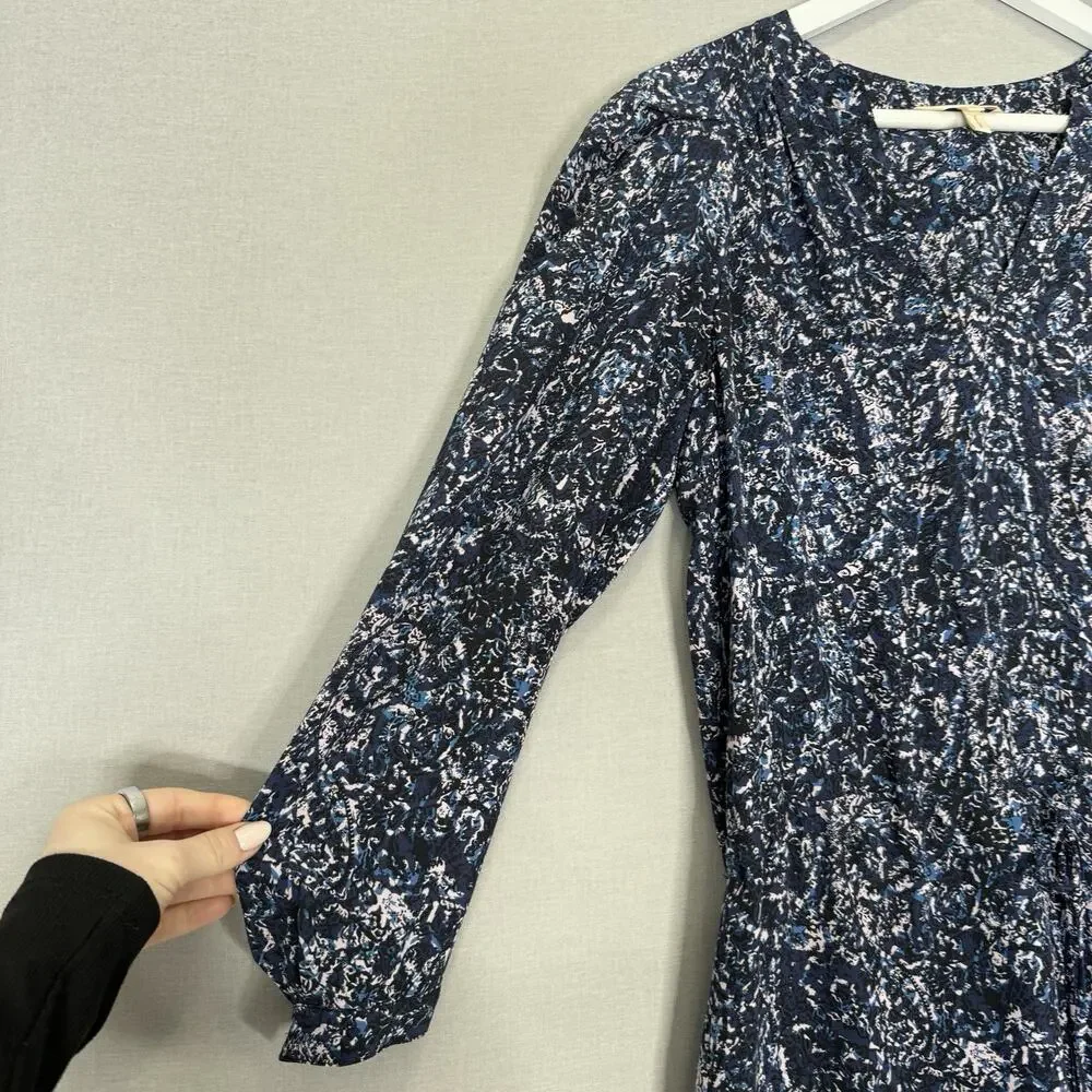 Rebecca Taylor 100% Silk Dress Womens 2 Blue Printed Cinched Tassel Puff‎ Sleeve